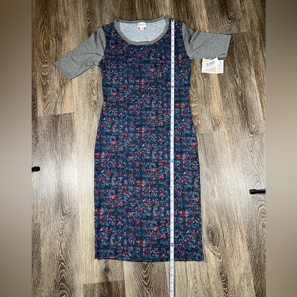 LuLaRoe Julia Dress XS Navy Floral Print Grey Sleeve Midi Knee Length NEW Boho - Picture 4 of 4